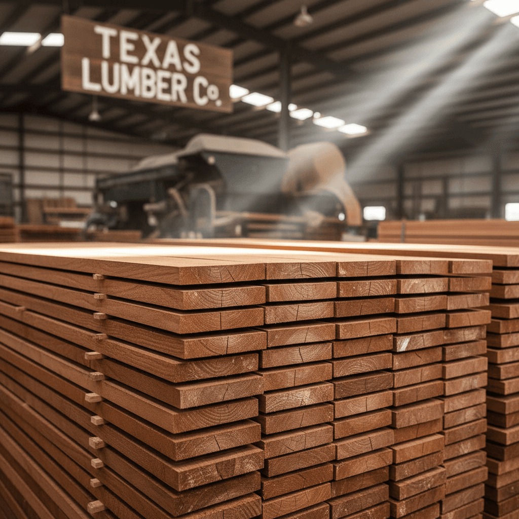 Pre-stained cedar boards stacked at a wood mill