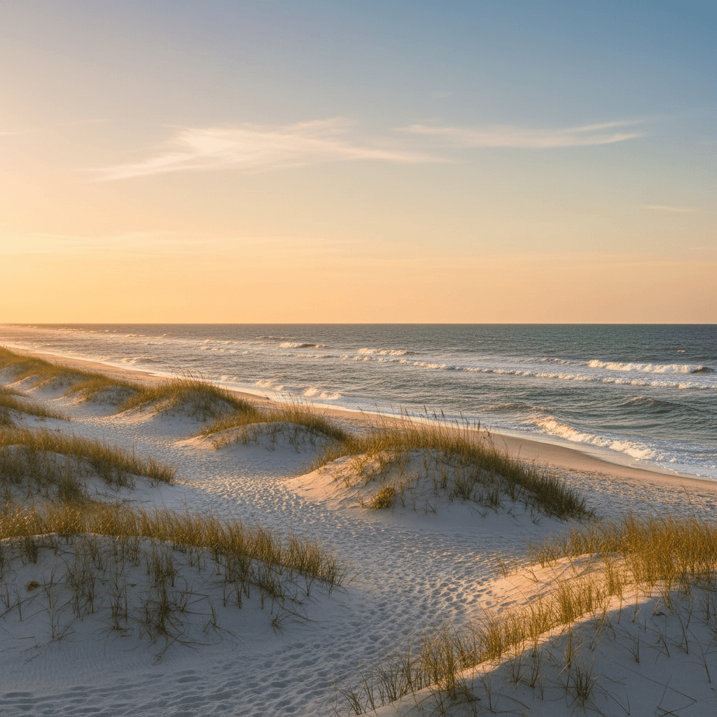 Scenic view of Mustang Island beaches with sandy shore, waves, and clear blue sky