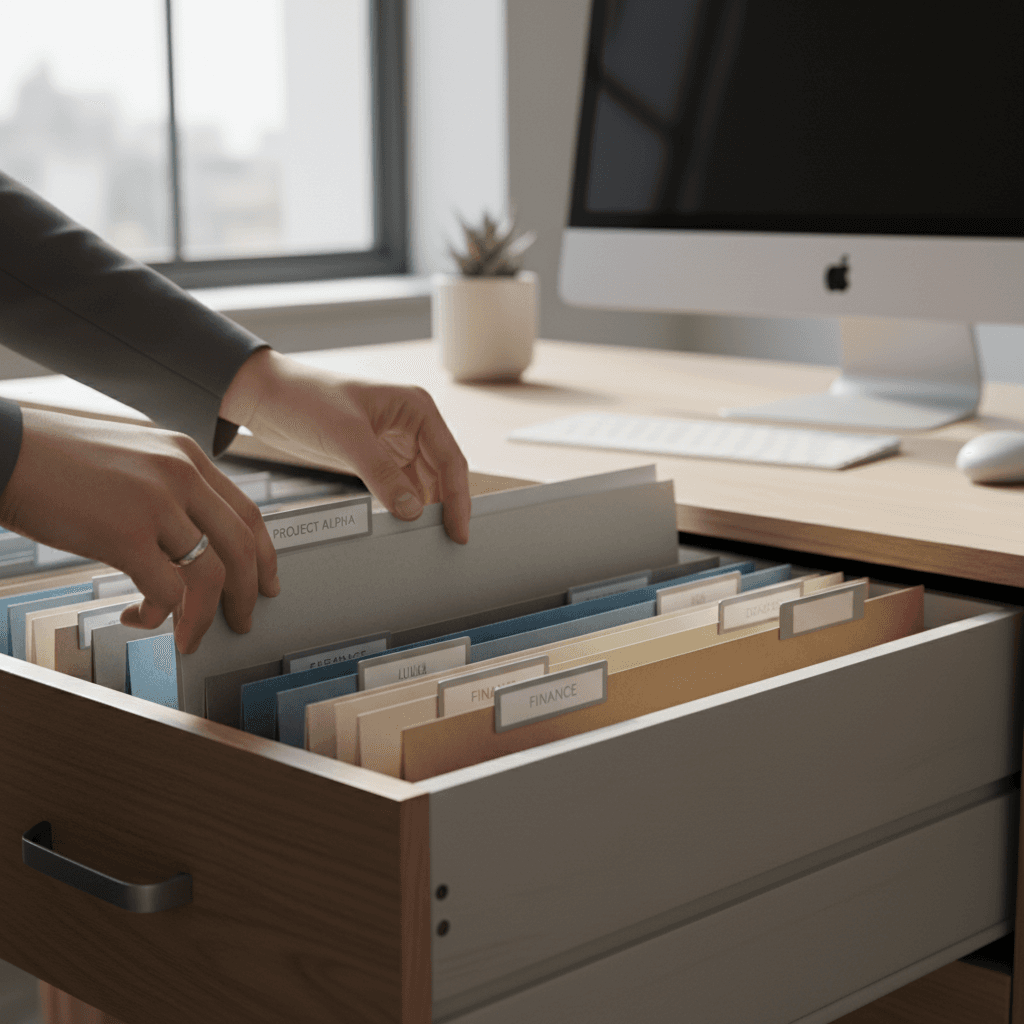 Professional administrator hands carefully organizing and filing labeled documents into a wooden filing cabinet in sunlit modern office