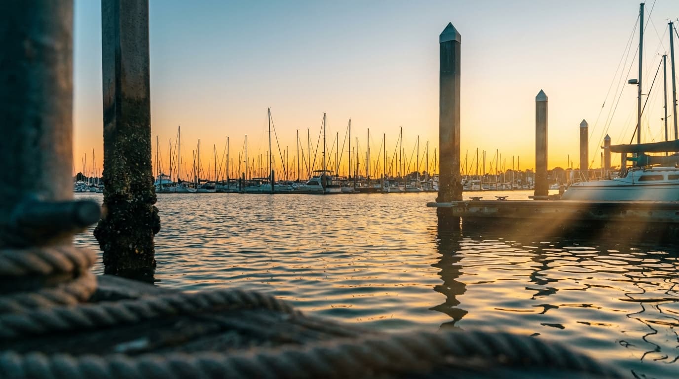 Golden hour marina with silhouetted boat masts reflecting in calm rippling water and weathered dock.