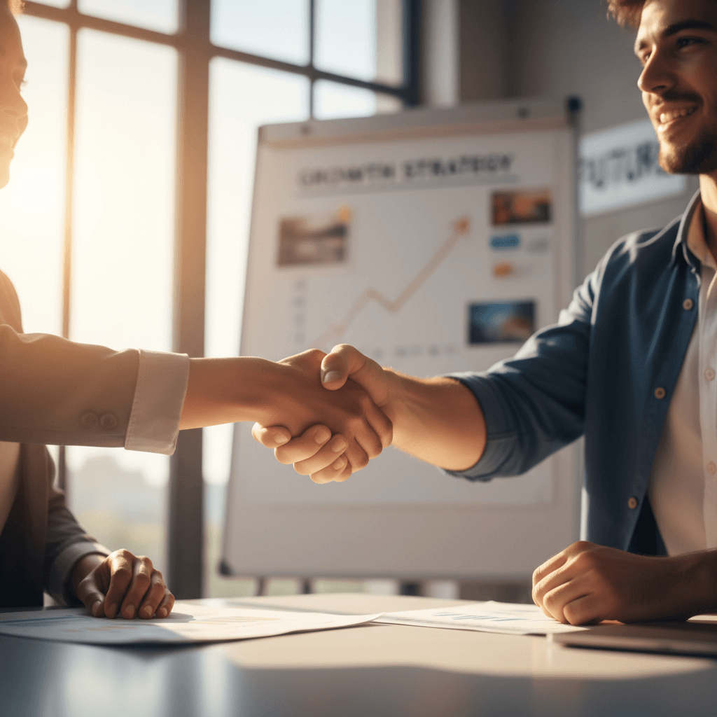Close-up of consultant and young entrepreneur's hands in handshake, symbolizing partnership and agreement in coaching relationship