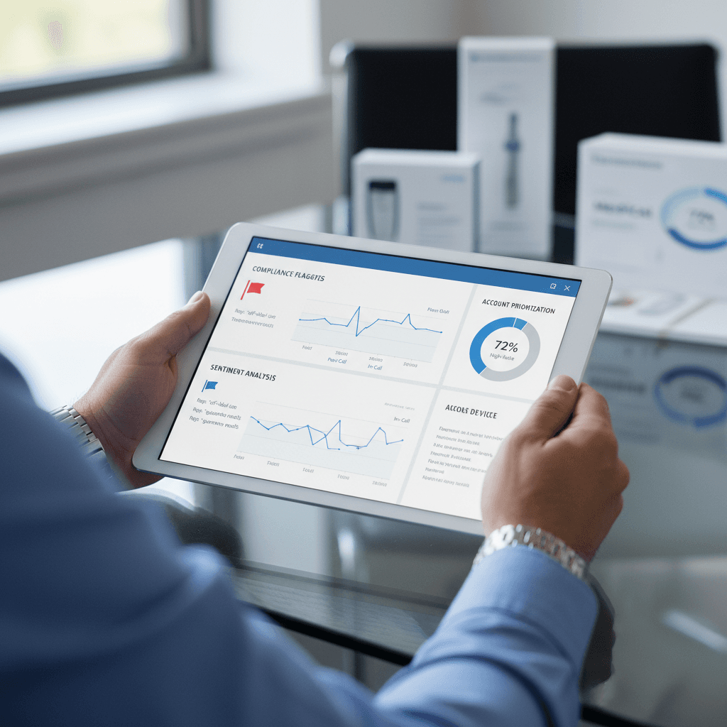 Sales professional reviewing compliance-enabled conversation analytics and account data on tablet during medical device field sales meeting